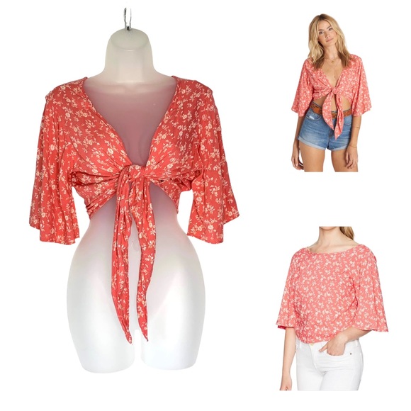Billabong Tops - BILLABONG Women's Sz M Coral Floral Get It Twisted Tie-Front or Back Wrap Top.